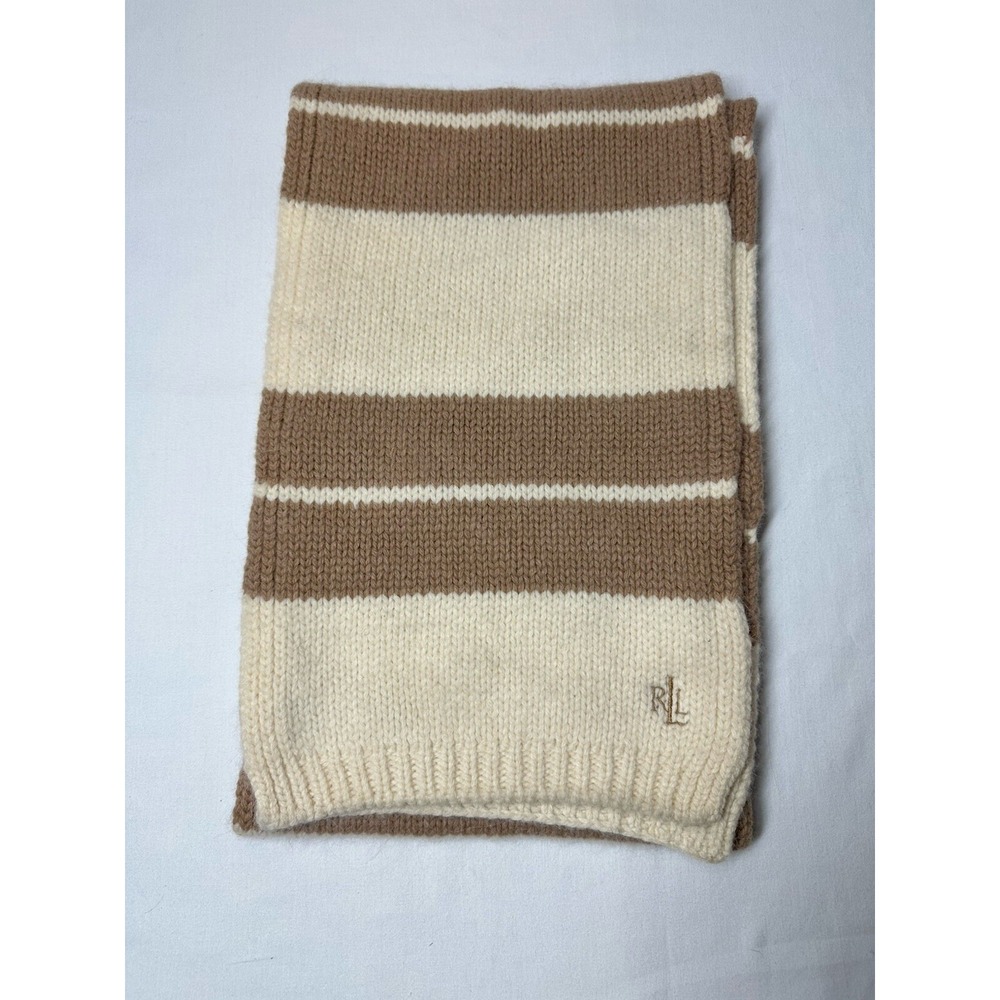 Lauren Ralph Lauren Lambs Wool Angora Scarf Neutral Classic Stripe Logo